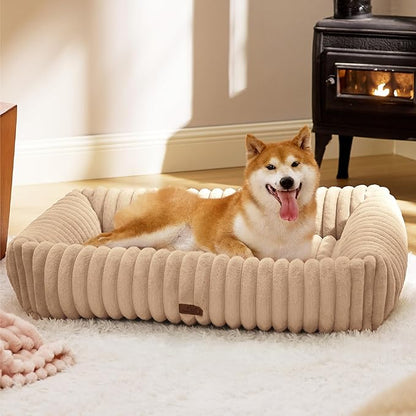 Bedsure ComfyFleece™ Cute Dog Beds Large Sized Dog - Washable Furry Pet Beds, Rectangle Orthopedic Corduroy Fleece Puppy Beds with Removable Zipper Cover, 36x27x8inches,Sandy Beige