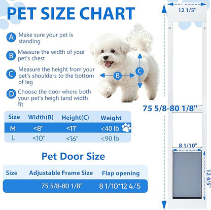 Dog Door for Sliding Glass Door,3-Layer Reinforce Door Flap,Thermal Insulation,Anti Deform,Magnetic Strip X2 Effective Weatherproof,Heavy-Duty Aluminum Frame,76-80" Adjust,for Large Dog Under 40lb