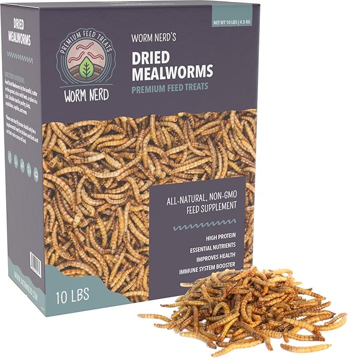 Worm Nerd WN61 Dried Mealworms Non-GMO High Protein and Fiber Treat for Chickens, Birds, Reptiles, Amphibians, Fish 10 lbs