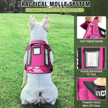 Tactical Service Dog Vest and Leash Set,Heavy Duty No Pull Dog Harness and 10 Patches with Dog Seat Belt for Medium Dogs,Reflective Pet Harness for Training Walking Hiking Camo Pink M
