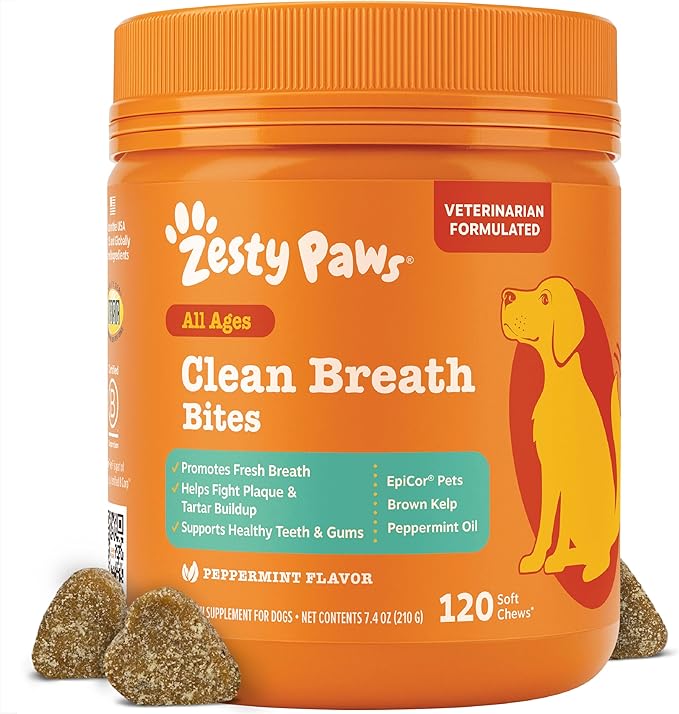 Zesty Paws Clean Breath Dental Chews for Dogs - Dog Breath Freshener + Fights Plaque & Tartar - Dental Chew with Peppermint Oil + Brown Kelp, Green Tea Extract - Teeth, Gum & Oral Health Support