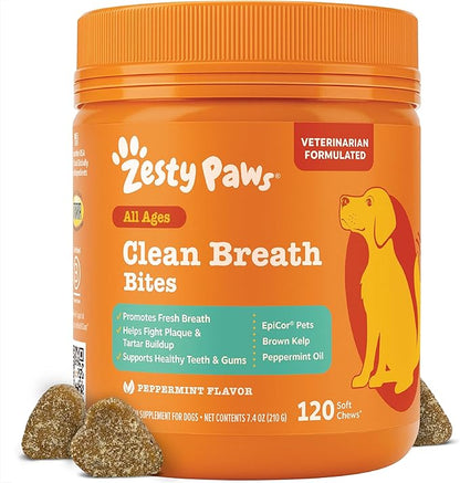 Zesty Paws Clean Breath Dental Chews for Dogs - Dog Breath Freshener + Fights Plaque & Tartar - Dental Chew with Peppermint Oil + Brown Kelp, Green Tea Extract - Teeth, Gum & Oral Health Support