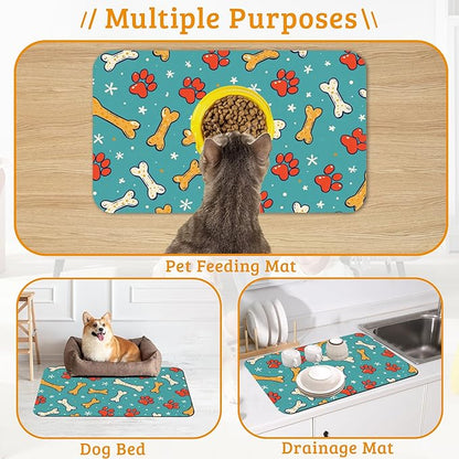 Dog Paws Cat Food Mat,Bones Absorbent Pet Feeding Mat for Food and Water Bowl,Quick Dry Dog Placemat Non Slip Rubber Backing Waterproof Pet Supplies 16" x 24"