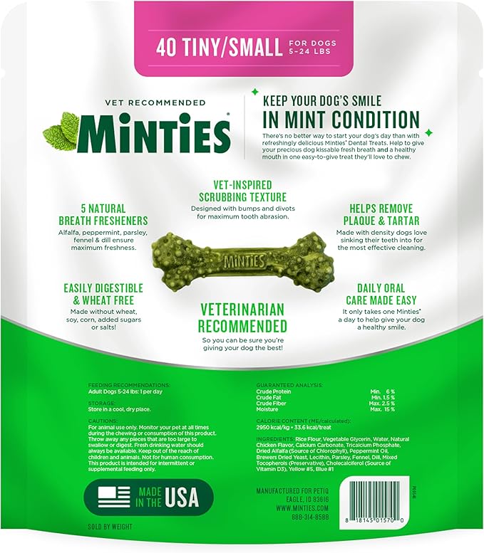 Minties Dog Dental Bone Treats, Tiny/Small Dental Dog Treats, 16 Ounces, Cleans Teeth, Fight Bad Breath, Removes Plaque and Tartar, 40 Count