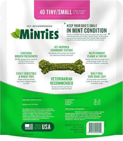 Minties Dog Dental Bone Treats, Tiny/Small Dental Dog Treats, 16 Ounces, Cleans Teeth, Fight Bad Breath, Removes Plaque and Tartar, 40 Count