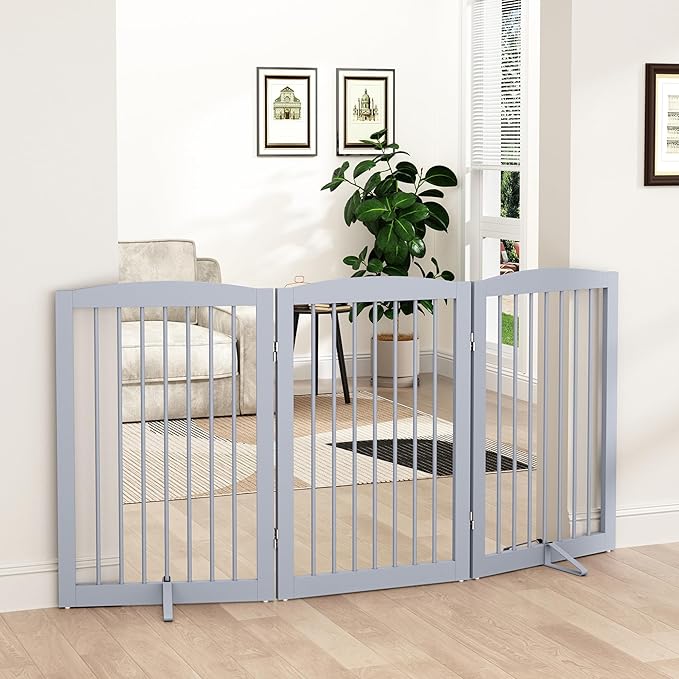 PUPETPO Freestanding Pet Gate for Dogs, Foldable Wooden Dog Gate for House Indoor, Tall Pet Fence for Stair, Doorway,Hall, Support Feet Included, 3 Panels 32",Grey