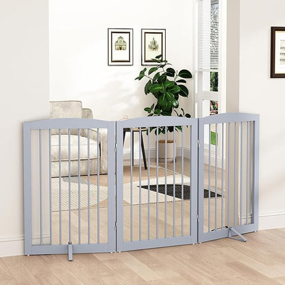 PUPETPO Freestanding Pet Gate for Dogs, Foldable Wooden Dog Gate for House Indoor, Tall Pet Fence for Stair, Doorway,Hall, Support Feet Included, 3 Panels 32",Grey