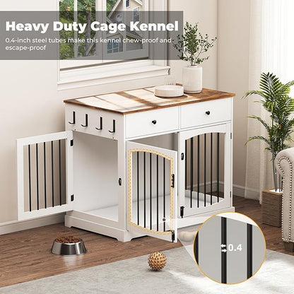 Dog Crate Furniture, Wooden Dog Kennel Furniture, Heavy-Duty 40" Dog Crate End Table with Storage Drawers, Double Doors Decorative Pet Cage House Indoor for Small Medium Dog, White