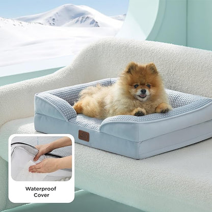 Bedsure Cooling Dog Bed for Small Dogs - Orthopedic Small Dog Cat Cooling Bed Washable, Comfort Pet Couch Sofa with Waterproof Removable Cover, Pets Bed with Nonskid Bottom, Cooling Blue, 24"