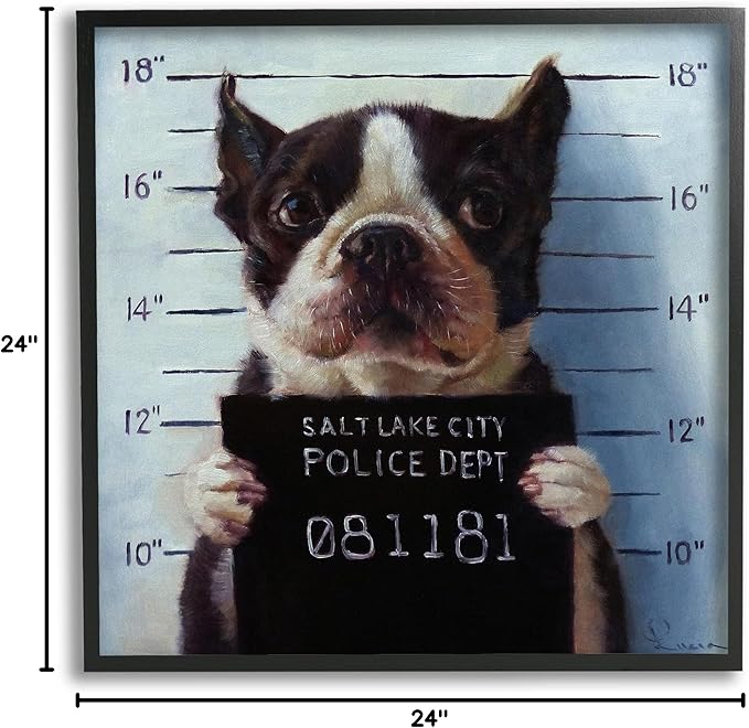 Stupell Industries Funny Boston Terrier Dog Jail Convicted Police, Design by Lucia Heffernan,Blue