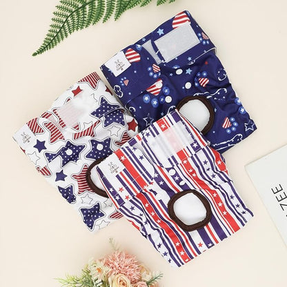 CuteBone Dog Diapers Female Washable Small Medium Large 3 Pack Reusable Doggie Diapers 4th of July Puppy Period Pants for Doggy Heat Cycle Peeing