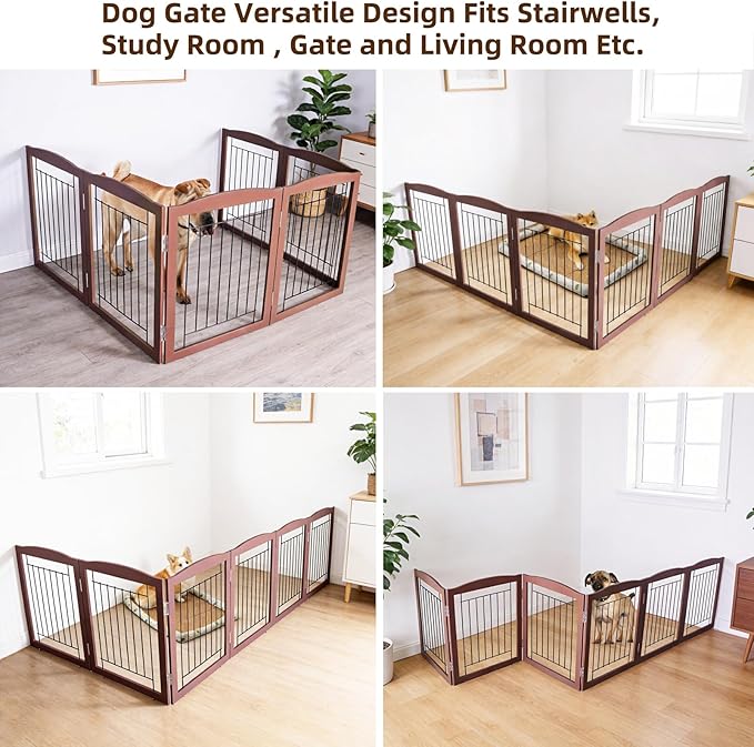 ZJSF Freestanding Foldable Dog Gate for House Extra Wide Wooden Brown Puppy Gate Stairs Dog Gates Doorways Tall Pet Gate 24 "Height 6 Panels Pet Fence