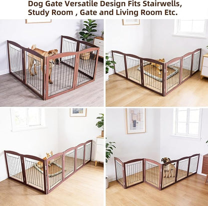 ZJSF Freestanding Foldable Dog Gate for House Extra Wide Wooden Brown Puppy Gate Stairs Dog Gates Doorways Tall Pet Gate 24 "Height 6 Panels Pet Fence