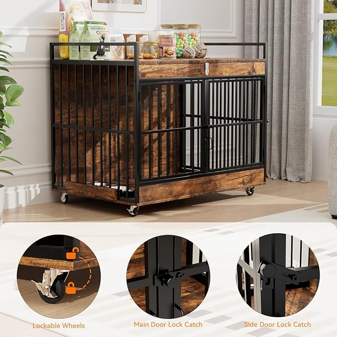 45 Inch Dog Crate Furniture for Large Dog with 2 Stainless Steel Bowls, Heavy Duty Dog Kennel Indoor, Large Wooden Dog Crate Table for Decorate House As TV Stand, End Table