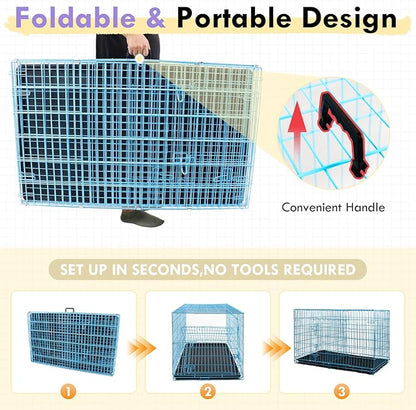PayLessHere Small Dog Crate Kennel 24 inches Metal Dog Cage Double-Door Folding Travel Indoor Outdoor Puppy Playpen with Divider and Handle Plastic Tray,Blue