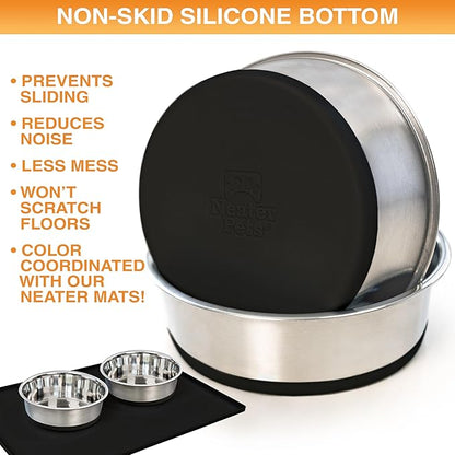 Neater Pet Brands Stainless Steel Dog Bowls with Non-Slip Rubber Bottom – Set of 2, 4 Cup (32 oz), Black - Heavy Duty Metal Dog Bowl, Dishwasher Safe, Food or Water Bowl, Ideal for Medium Dogs