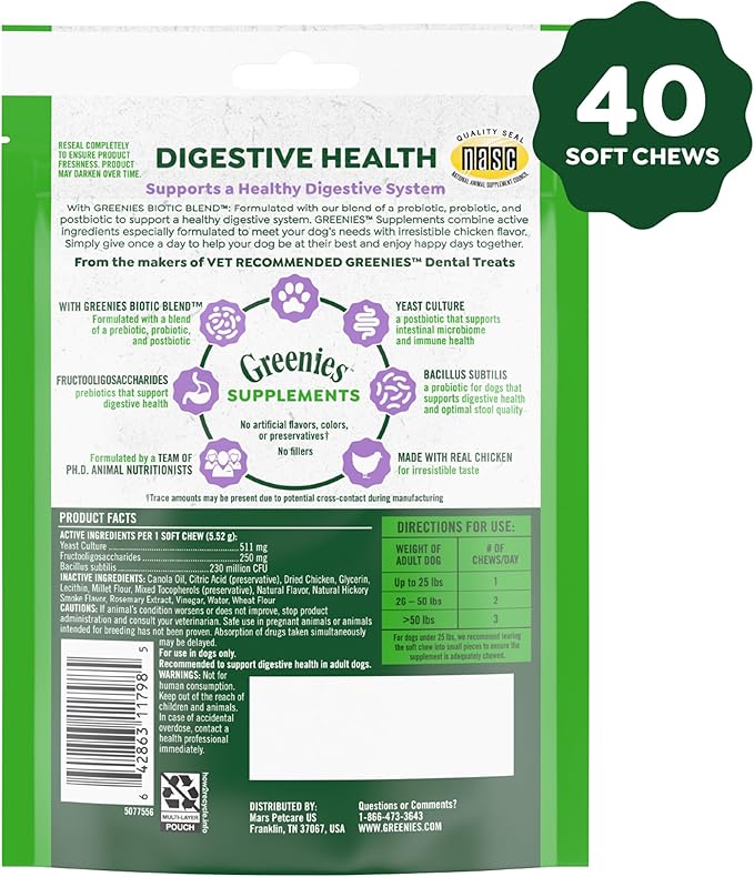Greenies Supplements Digestive Health Probiotics for Dogs, Dog Probiotic Supplements, Chicken Flavor, 7.8 oz. Pouch of 40 Count