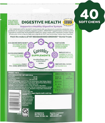 Greenies Supplements Digestive Health Probiotics for Dogs, Dog Probiotic Supplements, Chicken Flavor, 7.8 oz. Pouch of 40 Count