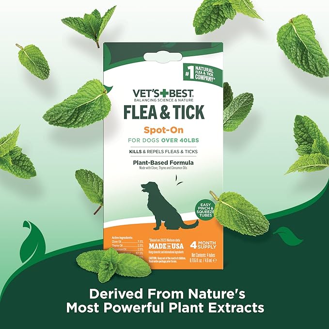 Vet’s Best Natural Flea and Tick Drops for Dogs – Natural Topical Flea Prevention with Certified Essential Oils – Plant-Based Spot-On Treatment for Large Dogs – Pest Control – 4 Month Supply