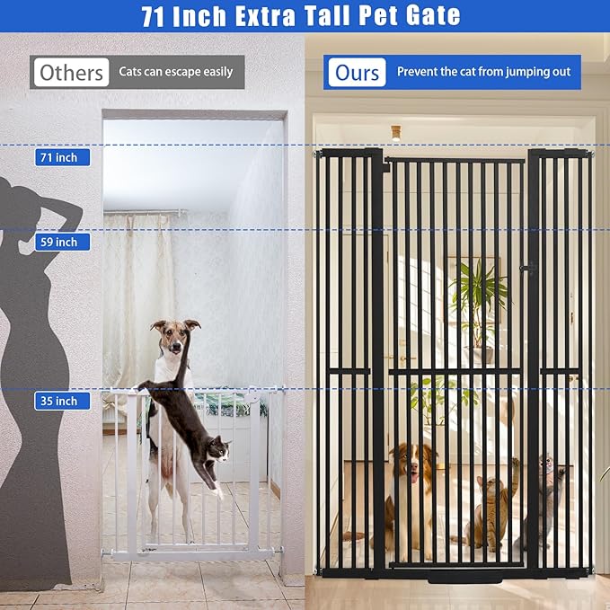 SHYUJAJIE 71 Inch Extra Tall Pet Gate for Cats, 29.5-48" Adjustable Wide Dog Gates, Pressure Mounted Walk Through Tall Cat Gate for Doorways,Hallway,Stairs,House（Black）
