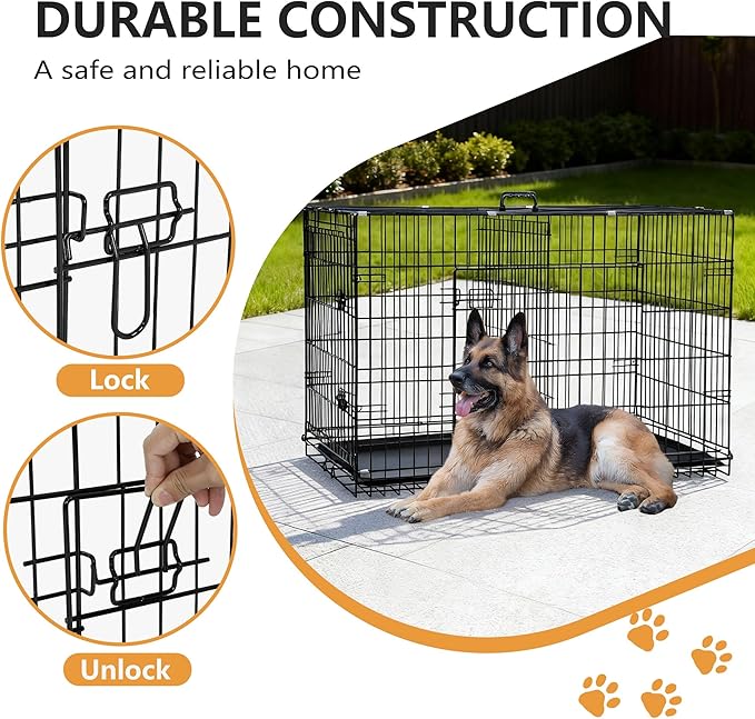 FDW Dog Crate 48-Inch Dog Cage Foldable Metal Kennel with Leakproof Tray Foldable Design Indoor Outdoor Use for XL Large Dogs,Dark Black