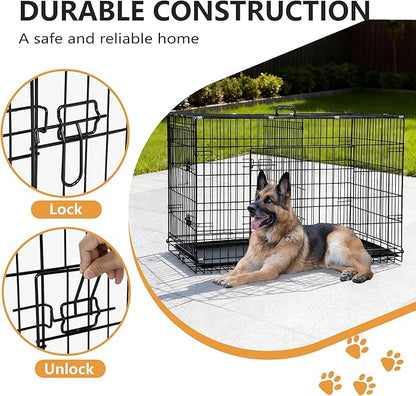 FDW Dog Crate 48-Inch Dog Cage Foldable Metal Kennel with Leakproof Tray Foldable Design Indoor Outdoor Use for XL Large Dogs,Dark Black