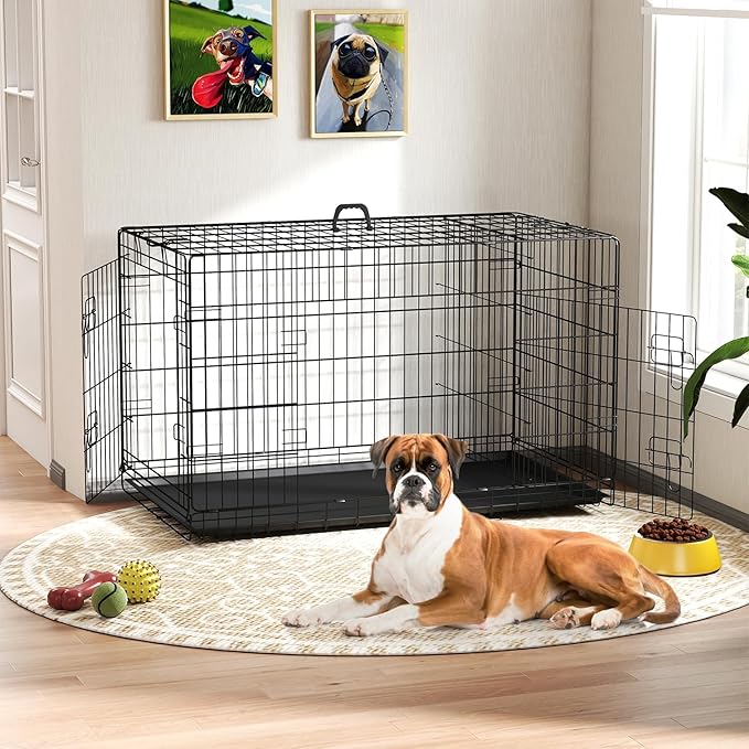 FDW Dog Crate 42-Inch Dog Cage Single Door Foldable Metal Kennel with Leakproof Tray Foldable Design Indoor Outdoor Use for Large Dogs,Dark Black
