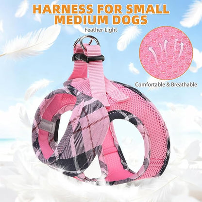 KOOLTAIL Dog Harness and Leash Set, Cute Pink Girl Dog Harness Medium Sized Dog, Step in No Pull Soft Mesh Pet Vest Harness Collar for Dogs Cats, Plaid Puppy Halters for Outdoor Walking, Pink M