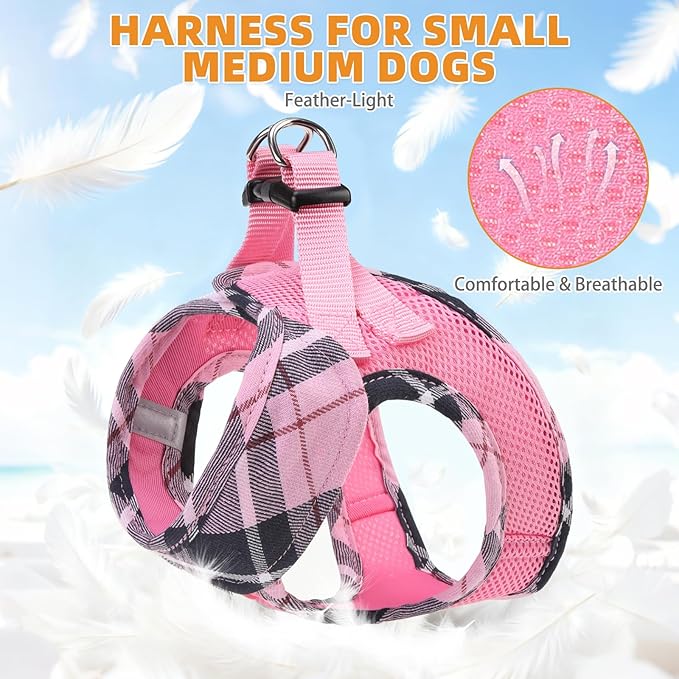 KOOLTAIL Small Dog Harness and Leash Set, Cute Pink Girl Puppy Harness, Step in No Pull Soft Mesh Pet Vest Harness Collar for Small Size Dogs Cats, Plaid Dog Halters for Outdoor Walking, Pink XS