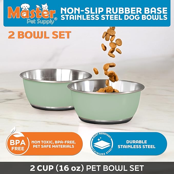 Master Pet Supply Stainless Steel Dog Bowls Set of 2 (16 Oz Each) with Non-Slip Rubber Base - Pistachio - Basic Dog Food Bowl Water & Food Bowls for Small Medium Large Dogs & Cats, Metal Dish