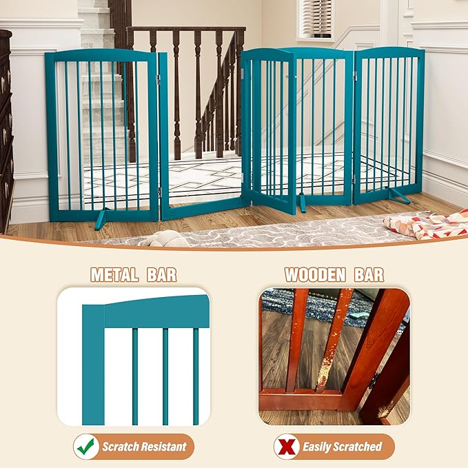PUPETPO Freestanding Dog Gates with Door Walk Through, Pet Gate for Stairs, 80 inch Wide Gates Indoor, Dog Fences Indoor, Support Feet Included, 4 Panels, 32" Tall, Blue