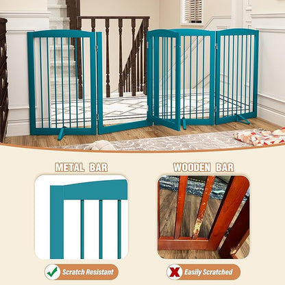 PUPETPO Freestanding Dog Gates with Door Walk Through, Pet Gate for Stairs, 80 inch Wide Gates Indoor, Dog Fences Indoor, Support Feet Included, 4 Panels, 32" Tall, Blue