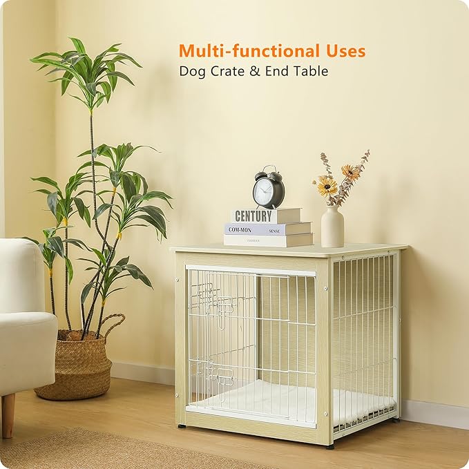 DWANTON Dog Crate Furniture with Cushion, Wooden Kennel Table with Double Doors, Indoor Dog House, Small/Medium/Large Size, 27.2" L, White Oak