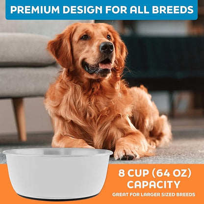 Master Pet Supply Stainless Steel Dog Bowls Set of 2 (64 Oz Each) with Non-Slip Rubber Base - Bone White - Basic Dog Food Bowl Water & Food Bowls for Small Medium Large Dogs & Cats, Metal Dish
