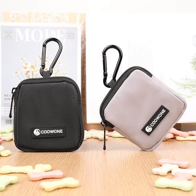 2 PCS Waterproof Small Dog Treat Bag for Leash, Hands Free Dog Walking Bag with Carabiner, Dog Poop Bag Holder for Pet Puppy Travel or Outdoor Use, Zipper Closure to Avoid Spilling