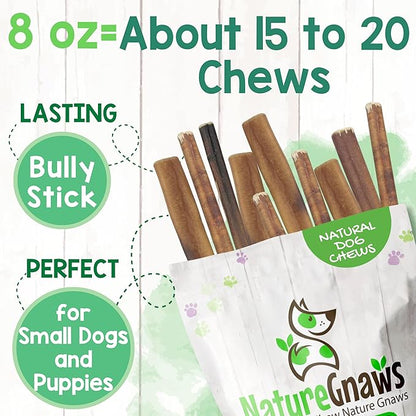Nature Gnaws Thin Bully Sticks for Dogs 5-6" (8oz) - Mixed Thickness - Long Lasting for Small Dogs and Puppies - Natural Thin Beef Dog Chew Bones - Rawhide Free