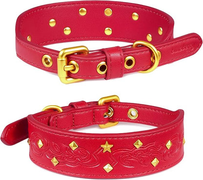 Blueberry Pet Premium Embossed Red Glam Silver-Powered Freshness Microfiber Leather Dog Collar with Gold Studs
