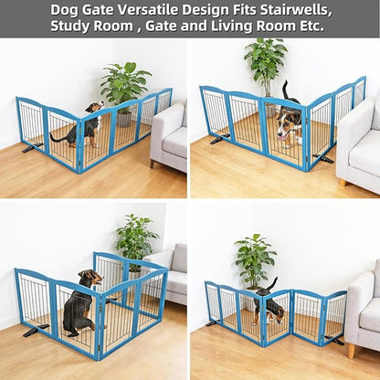 ZJSF Freestanding Dog Fence Indoor, Foldable Dog Gate for Doorways, Stairs or Hallways, Sturdy Wood Extra Wide Pet Gate with Support Feet for The House, Blue, 24 "Height-6 Panels