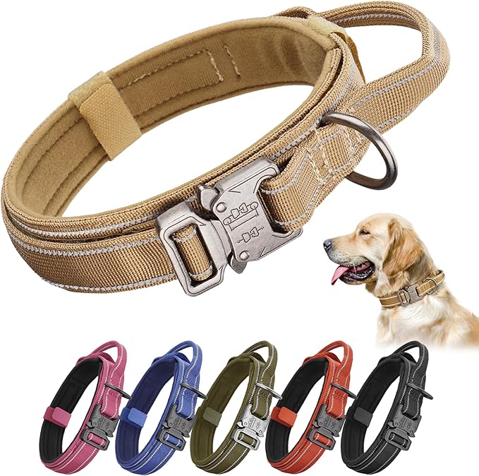 KCUCOP Tactical Dog Collar for Medium & Large Dogs - Military Nylon Heavy Duty Collar with Handle, Reflective Strip & Metal Buckle for Training, Outdoor (Brown Reflective, XLarge)
