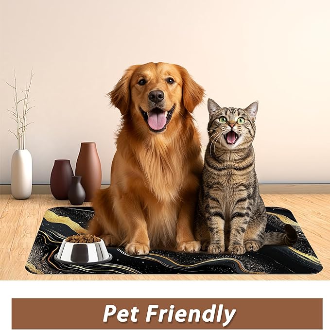 Marble Pet Feeding Mat,Black Gold Flowing Marble Absorbent Quick-Dry Cat Dog Food and Water Bowl Mats,Non-Slip Rubber Backing Mat,Cat Dog Accessories Supplies 12"x20"