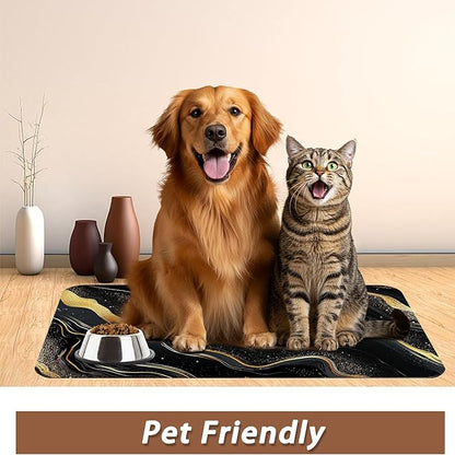 Marble Pet Feeding Mat,Black Gold Flowing Marble Absorbent Quick-Dry Cat Dog Food and Water Bowl Mats,Non-Slip Rubber Backing Mat,Cat Dog Accessories Supplies 12"x20"