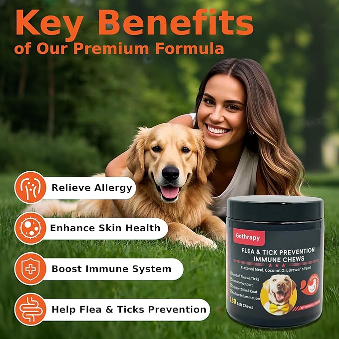 Flea and Tick Prevention for Dogs - 180 Vet-Approved Natural Soft Chewables Treatment | US-Formulas Oral Supplement for Puppy, Adult & Senior | All Breeds Sizes - Chicken Flavor