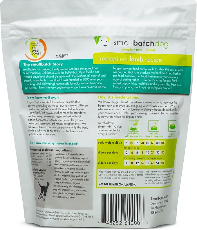 smallbatch Pets Freeze Dried Raw Dog Food, Lamb Recipe, 14 oz, Organic High Protein Dog Food, Grain Free, Made in the USA, Humanely Raised Meat, Single Protein, for Picky Eaters, Hydrate & Serve