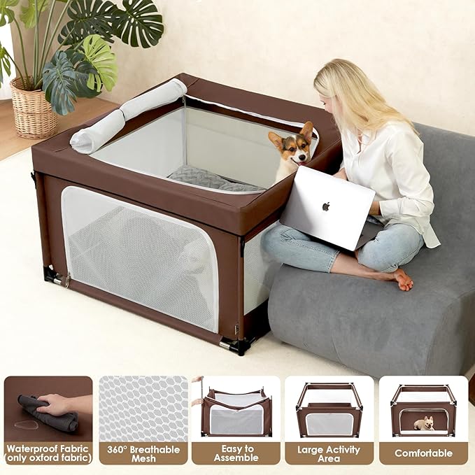 EHEYCIGA 42x42x26 Inches Puppy Playpen with Top Cover for Dogs & Cats Indoor or Outdoor - Dog Playpen with Door, Dog Fence for Small Animal with Heavy-Duty Oxford & Steel Frame, Brown