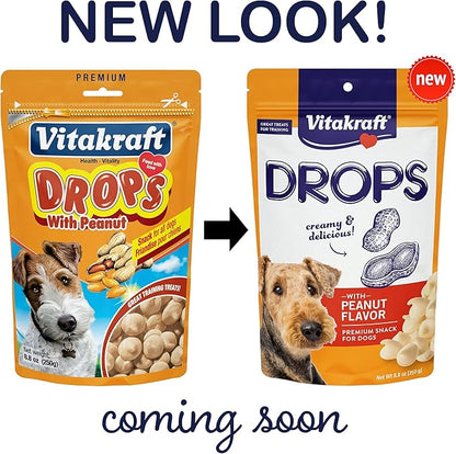 Vitakraft Drops Dog Treats - Peanut Flavor – Grain-Free Training Treats - Real Yogurt & Whey, Added Vitamins A, D3, E, B12, Riboflavin & Niacin – For All Dog Sizes & Ages – Resealable 8.8 oz Bag
