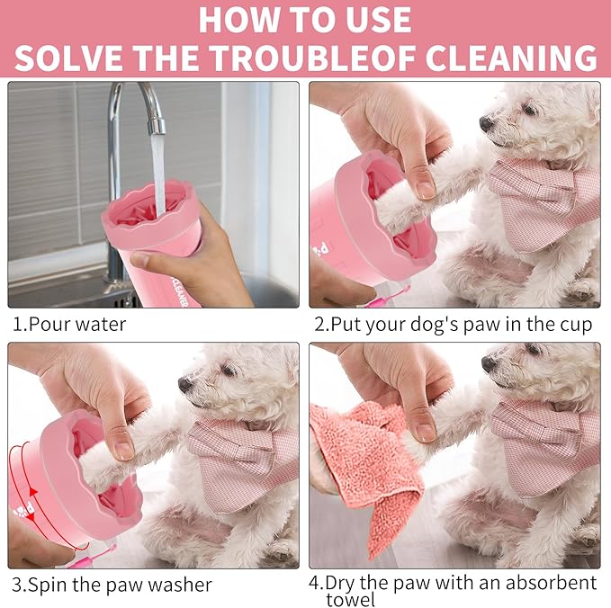 Professional 7 in 1 Dog Paw Cleaner for Dogs & Cats - Includes 1 Portable Paw Washer, 1 Bath Brush, 2 Dog Toothbrushes and 3 Absorbent Towels Note: Fits Paws up to 2 Inches Wide (Small, Light Pink)