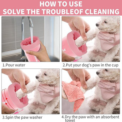 Professional 7 in 1 Dog Paw Cleaner for Dogs & Cats - Includes 1 Portable Paw Washer, 1 Bath Brush, 2 Dog Toothbrushes and 3 Absorbent Towels Note: Fits Paws up to 2 Inches Wide (Small, Light Pink)