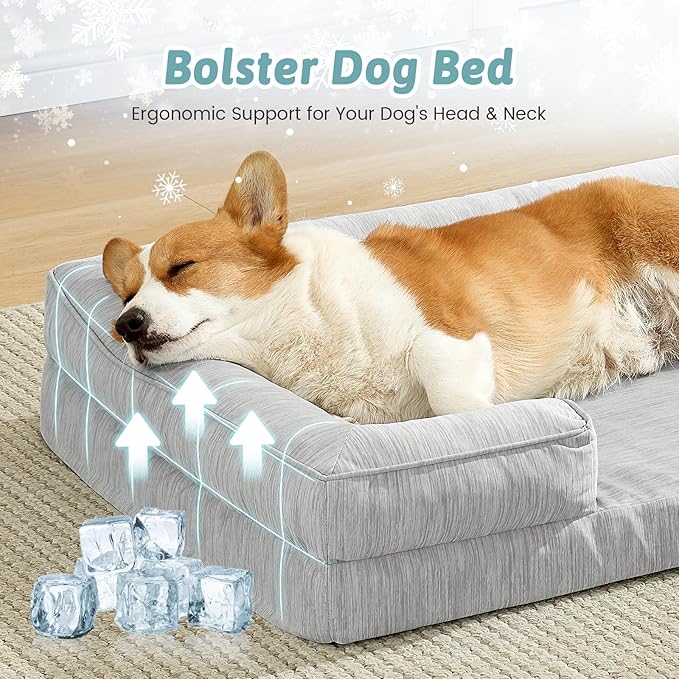 Cooling Dog Bed for Large Medium Size Dogs, Q-Max >0.4 Summer Cool Orthopedic Foam Pet Sofa Bed with Sides, Bolster Anti-Slip Couch with Washable Removable Cover, L 36x27x6.5 inch, Grey