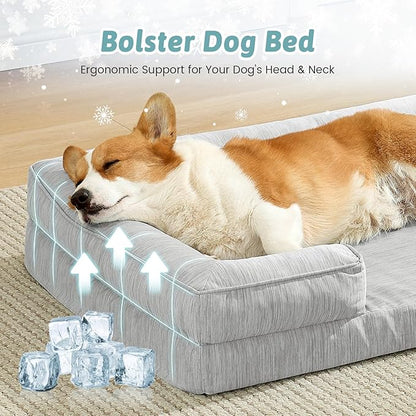 Cooling Dog Bed for Large Medium Size Dogs, Q-Max >0.4 Summer Cool Orthopedic Foam Pet Sofa Bed with Sides, Bolster Anti-Slip Couch with Washable Removable Cover, L 36x27x6.5 inch, Grey
