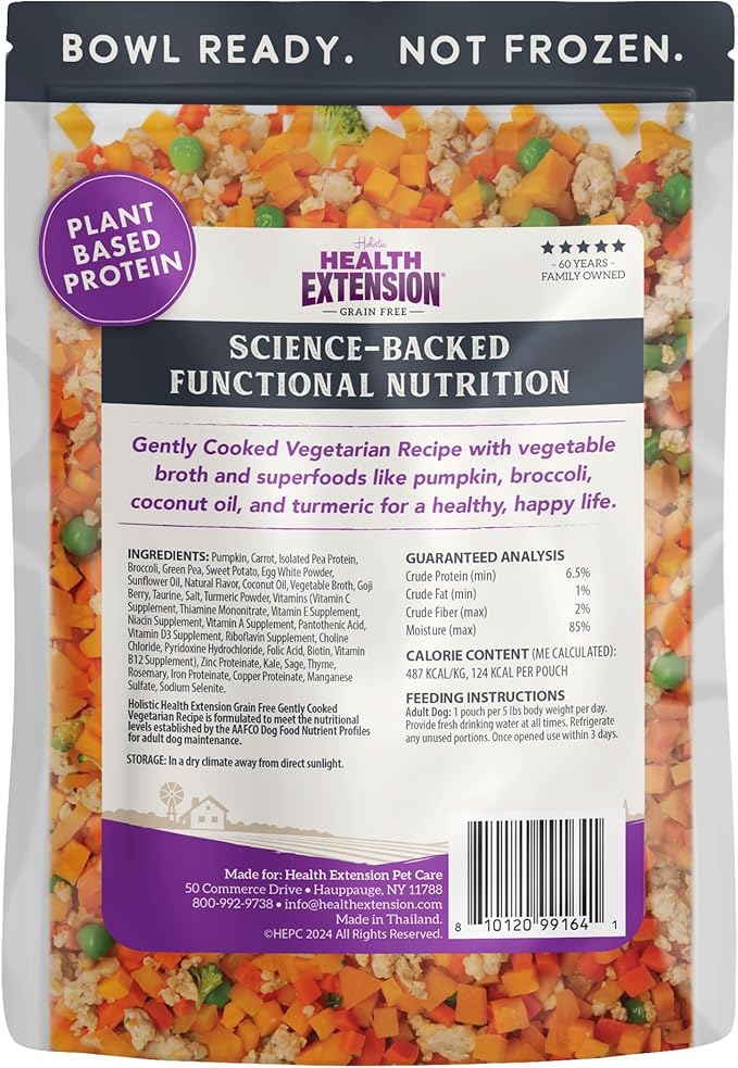 Health Extension Gently Cooked Grain-Free Vegetarian Formula Dog Food, Human-Grade & Shelf-Stable with Superfoods, Supports Digestion, Immunity, Skin & Coat, 9 oz Pouch (Pack of 10)